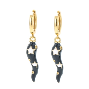 Minimalist gold hoop earrings with black chili drop charms and star pattern details