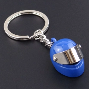 Blue motorcycle helmet keychain with silver flip visor and metallic keyring link