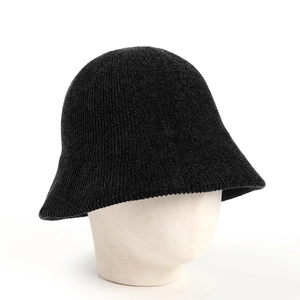 Black chenille knit bucket hat for women with thick warm ribbed texture and dome top shape
