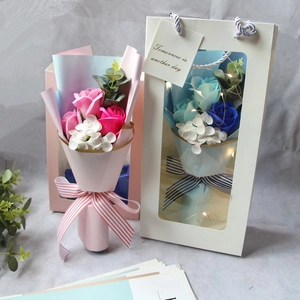 Artificial soap flower bouquets in pink and blue with LED gift box for special occasions