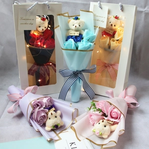 Exquisite soap flower bouquet box with teddy bear and LED lights for gifts