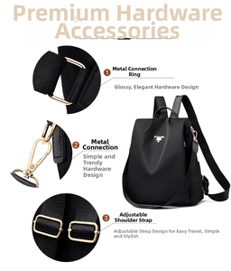 Detail of waterproof nylon backpack showing high-quality gold hardware and adjustable straps