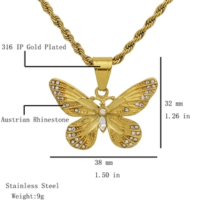 Icy butterfly pendant necklace in gold plated stainless steel with rhinestones