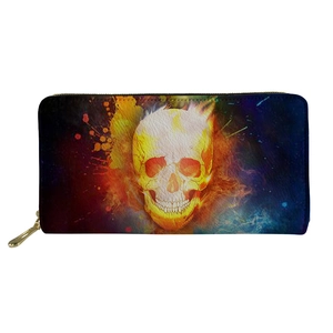 Detailed view of PU leather texture and vibrant flame skull print on the long wallet