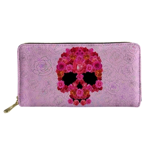 Pink PU leather long wallet for women featuring a colorful floral skull rose print