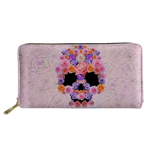 Sugar Skull Flower Butterfly Women Long Wallet PU Leather Zipper Clutch Card Holder Gothic Artistic Purse