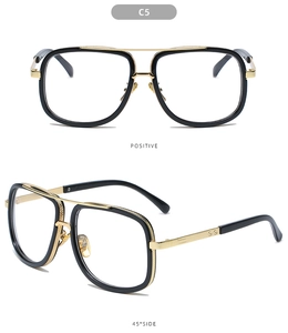 Front and 45-degree side view of retro black and gold oversized aviator sunglasses