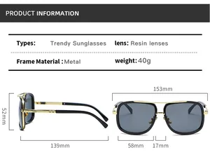 Detailed dimension guide for trendy oversized metal sunglasses with resin lenses