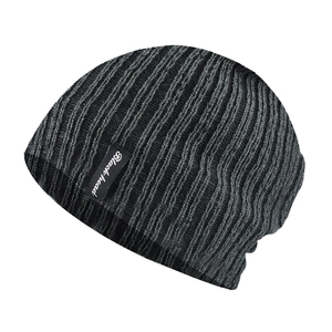 Winter black and gray striped knit beanie with warm lining and Black head woven label