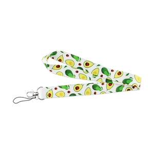 Close-up of white avocado pattern phone lanyard with metal lobster clasp and loop