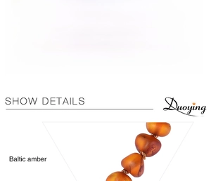 Detailed spec sheet showing 15cm handmade frosted Baltic amber baby bracelet details