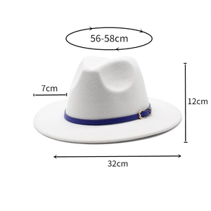 Classic white wool jazz fedora hat with blue decorative band and golden buckle