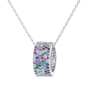 Silver cylinder pendant necklace with colorful pavé crystals on a minimal link chain