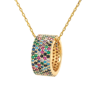 Golden cylinder pendant necklace with colorful pavé crystals on a delicate gold chain