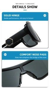 Detail of solid hinge and comfortable nose pads on oversized black sports sunglasses