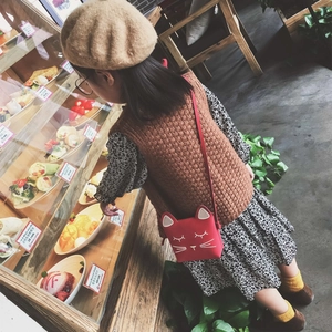 Cute red cat-shaped crossbody bag for girls with 3D ears and embroidery detail