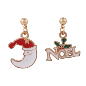 Detail of Christmas enamel earrings with Santa Claus moon and NOEL letter pendants
