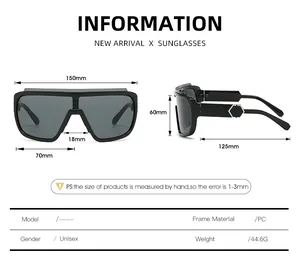 Detailed size chart for oversized cycling sunglasses with PC frame measurements
