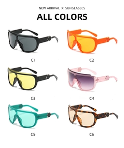 Collection of oversized shield sunglasses in six vibrant colors with side metal details