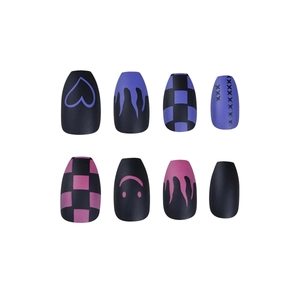 Matte press-on nails set featuring purple and black flame, heart and checkerboard designs