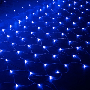 Detail view of glowing blue LED net mesh lights with bright beads for outdoor decoration