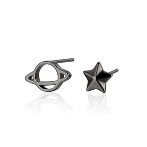 Detailed view of asymmetric dark planet and star stud earrings with S925 silver stamp