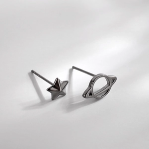 Asymmetric S925 sterling silver stud earrings featuring star and planet designs