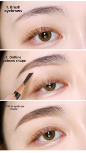 Three-step eyebrow pencil tutorial showing grooming, outlining and filling for natural brows