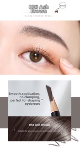 Detail of grey brown eyebrow pencil showing precision tip and natural makeup result