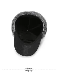 Detail view of winter trapper hat with warm fleece lining and faux fur trim