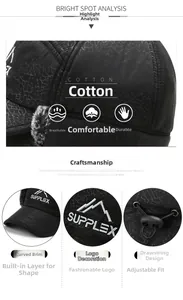 Detail of black winter trapper hat showing cotton texture, logo embroidery and toggle