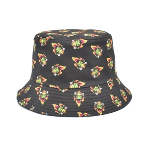 Detailed view of black bucket hat with flame monkey print and reinforced stitching
