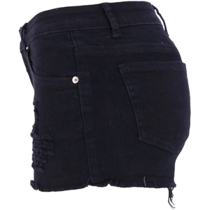Detail of frayed hem and distressed denim fabric on high-waisted black denim shorts