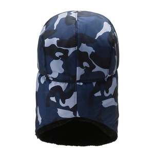 Blue camouflage aviator hat with thick faux fur lining and warm ear flaps for winter