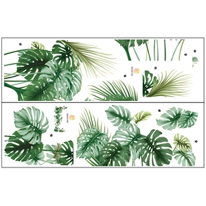 Detail of Nordic monstera and palm leaf wall stickers with tropical green plant patterns