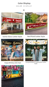 Detailed view of various festive outdoor banners for Christmas and party decoration