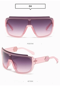Detail view of pink translucent frames and purple gradient lenses on sport sunglasses