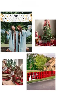 Collage of Christmas tree skirts and festive holiday banners for party scene decorations