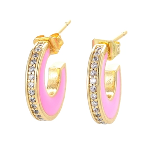 Pink enamel C-shaped gold hoop earrings with sparkling white stones and micro-inlay finish