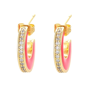 Orecchini a cerchio a C dorati con smalto rosa e pavé di strass scintillanti