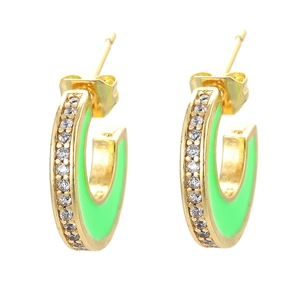 Colorful Enamel C Shape Hoop Earrings For Women Retro Gold Plated Copper With Shiny Cubic Zirconia Fashion Jewelry
