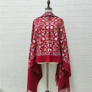 Red thick faux cashmere shawl with floral embroidery and tassel fringe for winter