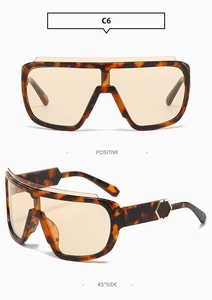 Close-up of tortoiseshell oversized shield sunglasses with gold hexagonal accents