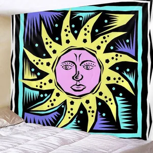 Bedroom scene showing colorful sun illustration tapestry used as aesthetic wall backdrop