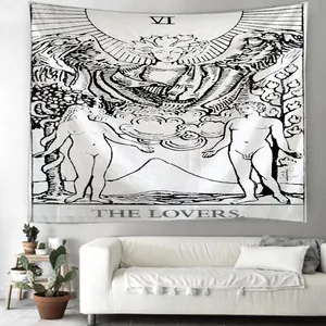 Detail of The Lovers tarot card wall tapestry with black and white minimalist line art