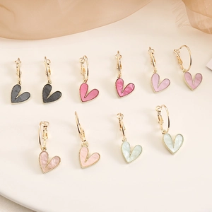 Heart Dangle Earrings For Women Alloy Gold Plated With Colorful Resin Marble Texture Retro Fashion Jewelry