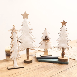Mini felt white Christmas tree set on wooden bases for festive tabletop decor