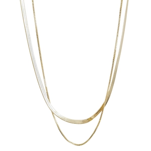 Set collana doppia a catena a serpente e catena a scatola dorata da donna su sfondo bianco