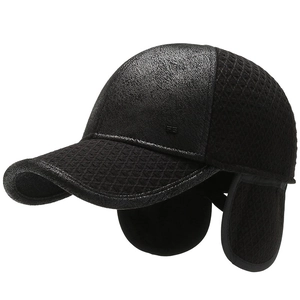 Winter thermal baseball cap with ear flaps and quilted fabric panels for elderly men
