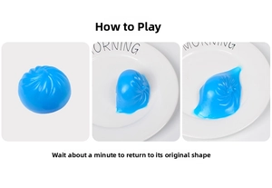 Detail showing blue bun squishy toy returning to original shape after being squeezed